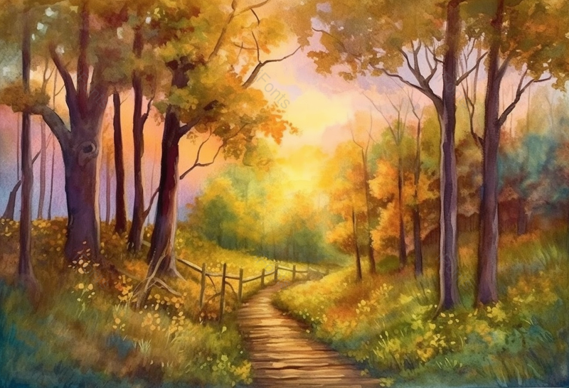 栏杆夕阳下的森林中穿插着木头小路梦幻童话背景,插画/手绘图,插画/手绘图库,插画/手绘图下载,插画/手绘